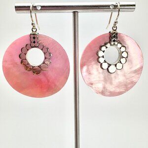 Pink Shell Circle Dangle Earrings VTG Sterling Silver 925 Size 2" Length